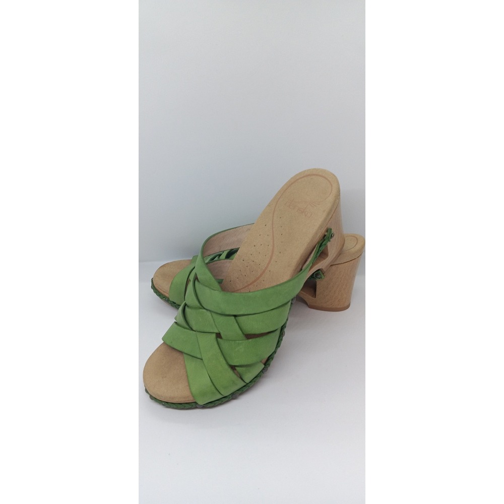 Dansko Women Green Leather Woven Slip On Wooden Wedge Sandals Clogs Size 38
